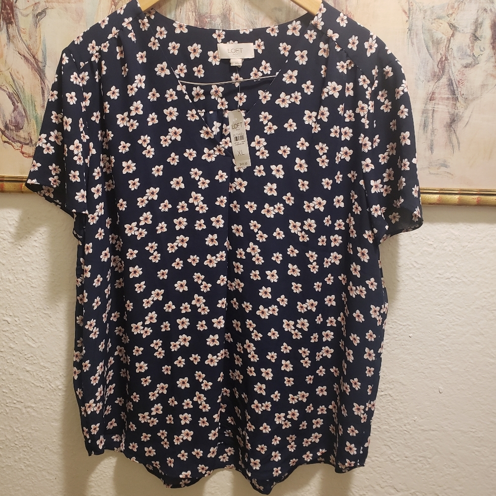 Loft Outlet Navy Pink Flower Top XL NEW